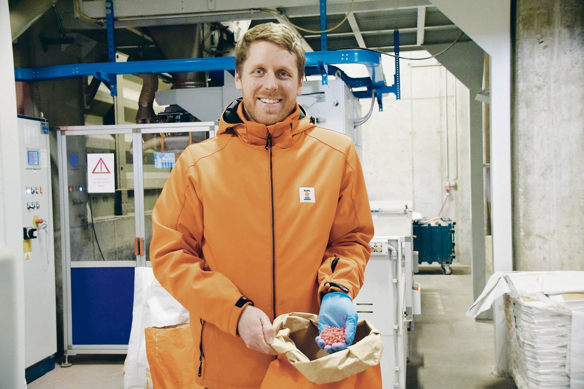 Rund die Hälfte des Saatgutbedarfs von KWS wird in Moudon VD aufbereitet. Lucas Vogt zeigt einige frisch gebeizte Maiskörner.(Bild Jasmine Baumann)