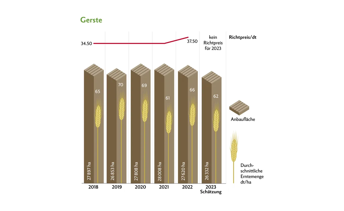 DG02-Grafiken4_24_ Die fehlenden Richtpreise für Futtergetreide machen den Anbau von Gerste weniger attraktiv. Die Erträge waren 2023 eher tief. Quelle: Swissgranum