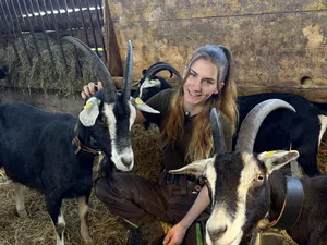 Marina mit ihren Bündner Strahlenziegen, die sie daheim in Gams hält.