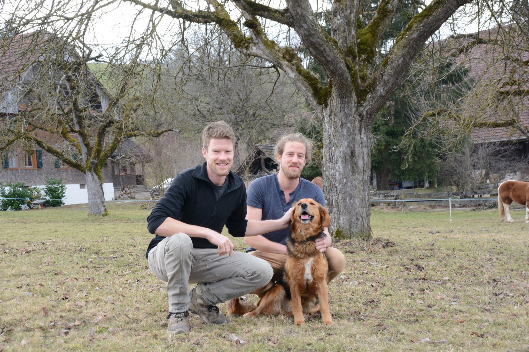 Gabriel (links) und Michael Peter mit Hofhündin Cara, die zum Star der Crowdfunding-Kampagne avancierte. (Bilder Andrea Gysin)