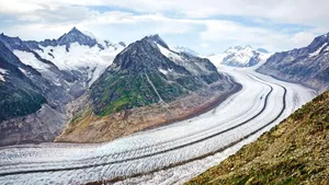 Die Eisdecke des Grossen Aletschgletschers im Wallis reichte um 1900 noch bis fast unter die begrünte Zone.