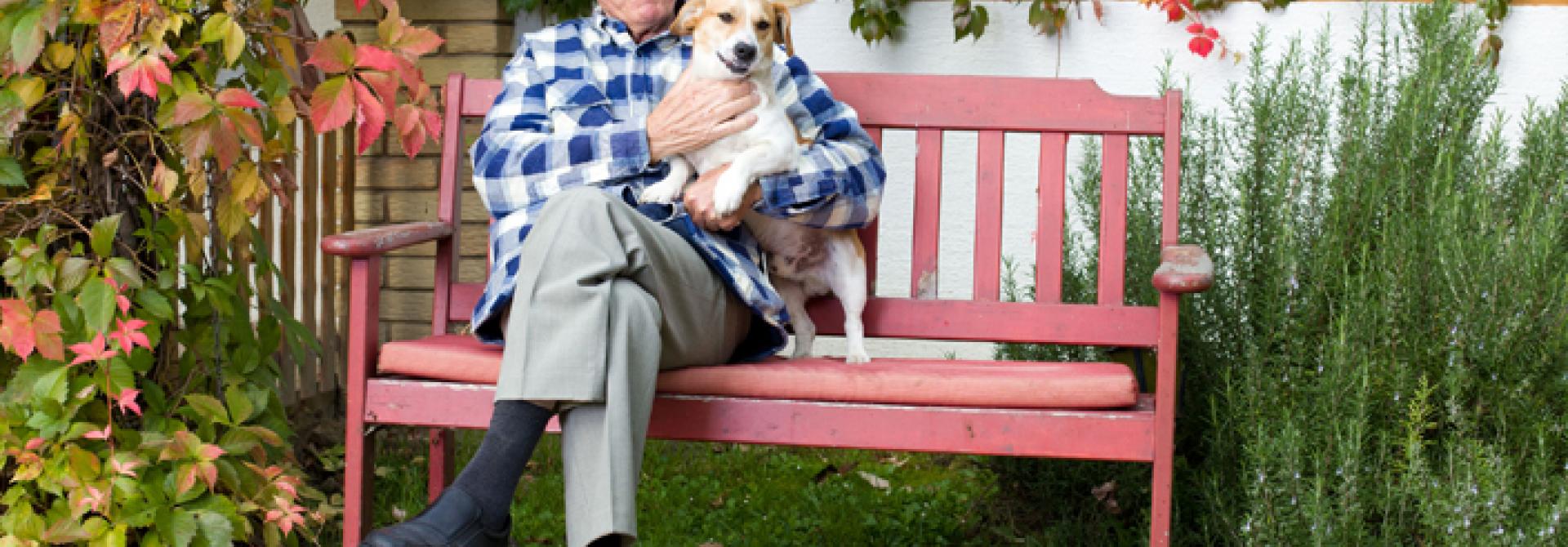 Renter mit Hund auf Parkbank