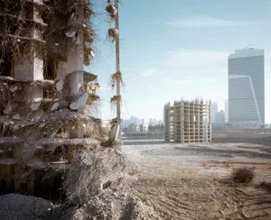 Aus einer Bauruine blickt ein Löwe auf die modernen Gebäude der Millionenstadt Dubai.