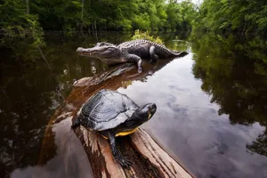 Eigentlich sind Alligatoren und Schmuckschildkröten keine Freunde. Doch hier ruhen sie in friedlichem Nebeneinander.