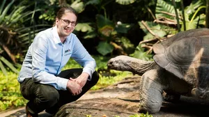 Der neue Zoodirektor Severin Dressen mit einer Aldabra-Riesenschildkröte im Masoala Regenwald.
