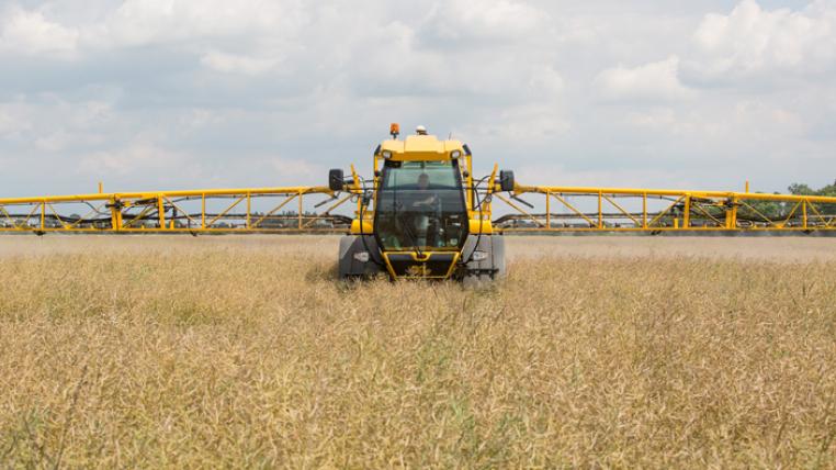 Traktor sprüht Glyphosat auf Rapsfeld