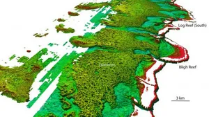 Grafik des neu entdeckten Algenriffs: Die Bioherme sind an den dunklen Vertiefungen zu erkennen, die roten Bereiche zeigen an, dass das Meer dort weniger tief ist.