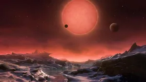 Eine Visualisierung der Oberfläche von einem der drei erdähnlichen Planeten und ihrem Zwergstern.