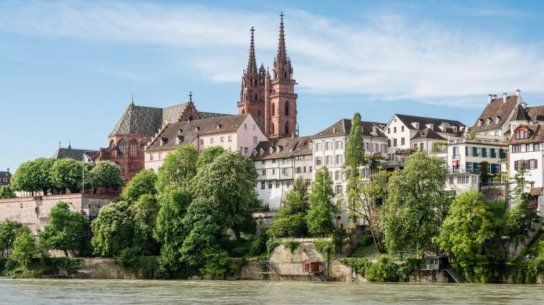 Blick vom Rhein aufs Basler Münster mit Bäumen
