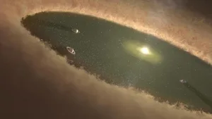 Rund um den jungen Stern formt sich eine sogenannte Übergansscheibe aus Gas und Staub, aus der die Planeten entstehen und dabei eine staubfreie Lücke im Innern hinterlassen.