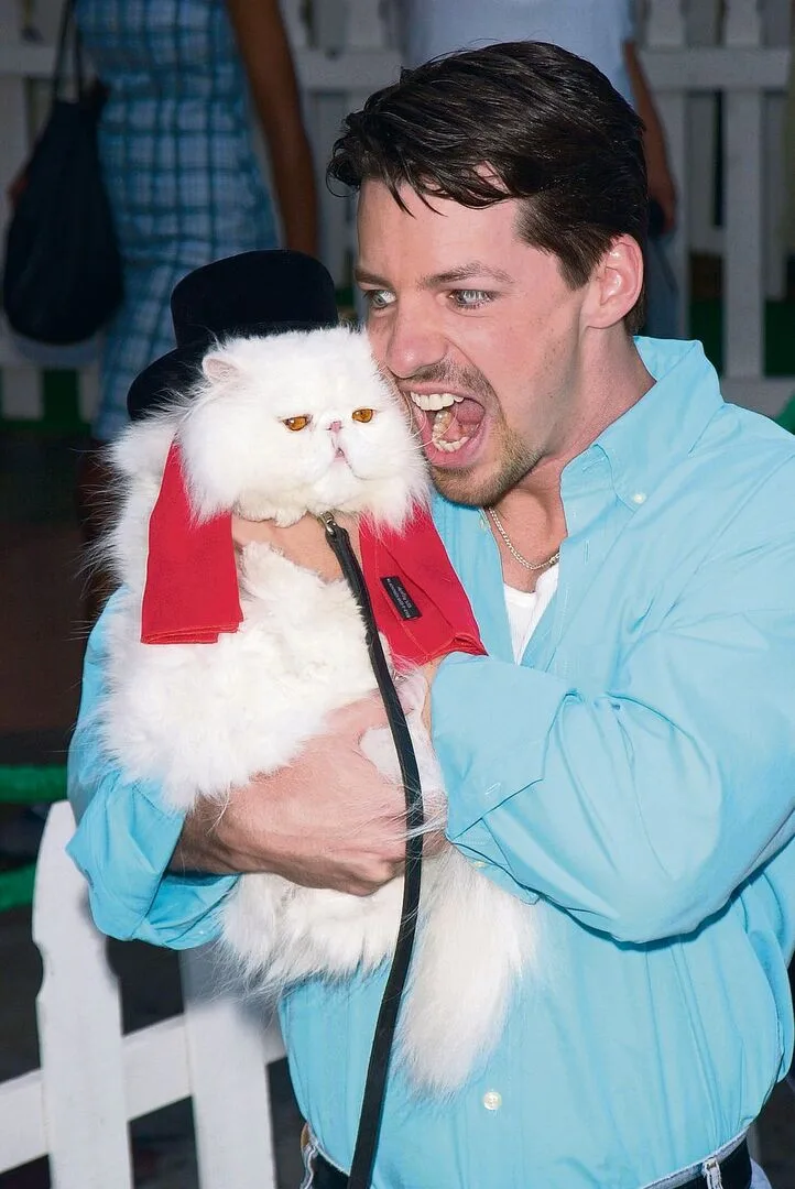 ab55a0f78cf771a01fed1bd470783acd04765a406a8b9c23191bf252196e1042 Der Schauspieler Sean Hayes posiert mit dem Filmbösewicht Mr. Tinkles aus «Cats &Dogs».
