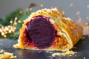 Anstatt einem Rinderfilet werden gekochte und marinierte Rote Beete auf ein Beet aus Pilz Duxelles gelegt und in Blätterteig eingerollt.