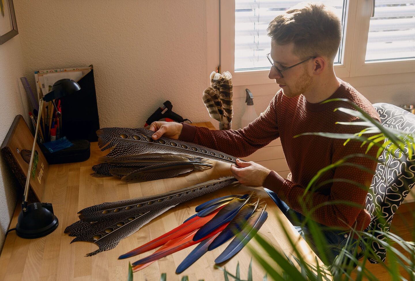 Die gesammelten Federn wäscht und trocknet Luca Meier, bevor er daraus wahre Kunstwerke kreiert.